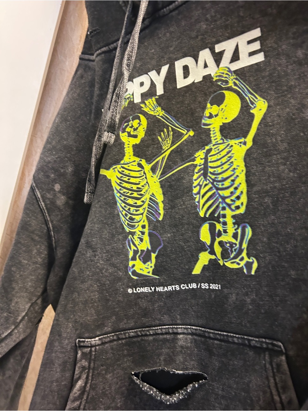 Happy Daze Lonely Hearts Club Skeleton Graphic Hoodie - Neon Yellow on Black